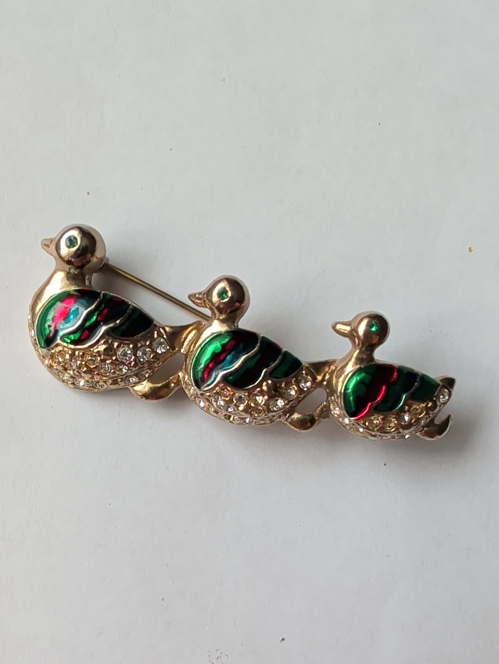 Vintage Gold-tone Enamel Duck Trio Brooch with Green and Red Accents